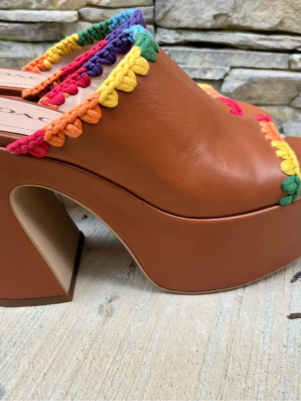 Coach Brown Rainbow Crochet  Leather Platform Mules Shoes sz 9